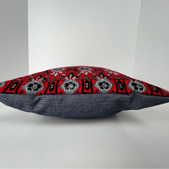 Kiriko Pillow 17x12 Red Print Blue Wool Denim Herringbone Back Cotton Insert PDX - Picture 6 of 12